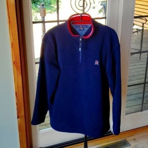 Tommy Hilfiger Embroider Logo Sz L Blue w Red Accent 1/4 Zip Pullover Fleece - Picture 1 of 10